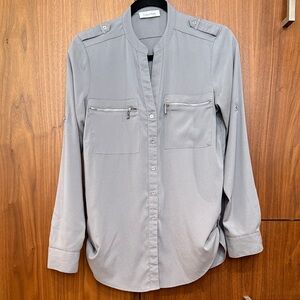 Calvin Klein Light Gray Soft Blouse with Zippered Pockets Women’s